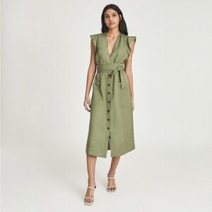Reiss Emma Plunge Frill Shoulder Tie Waist Shirtdress in Khaki (Green)